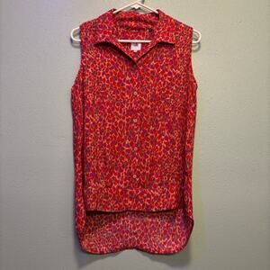 CAbi Collared Pink and Red Sleeveless Button Down High Low Blouse Top Size S